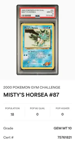 2000 Pokemon Gym Challenge Misty's Horsea 87/132 PSA 10 GEM MINT LOW POP - Image 1