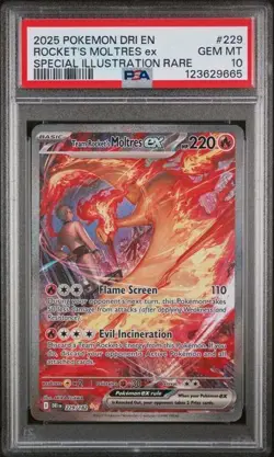 2025 POKEMON DESTINED RIVALS #229 ROCKET'S MOLTRES ex SIR PSA 10 GEM MINT - Image 1