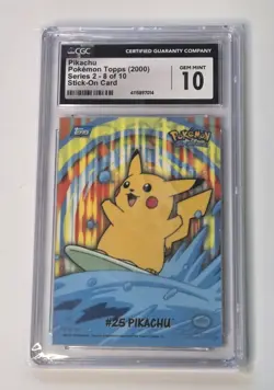 Surfing Pikachu Pokemon 2000 Topps Animation Series 2 Stick On English #8 CGC 10 - Image 1