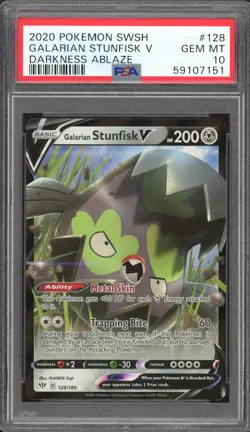 2020 Pokemon Sword & Shield Darkness Ablaze Galarian Stunfisk V #128 PSA 10 GEM - Image 1