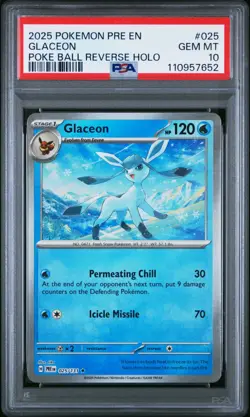 2025 POKEMON PRE EN-PRISMATIC EVOLUTIONS POKE BALL REVERSE HOLO GLACEON PSA 10 - Image 1