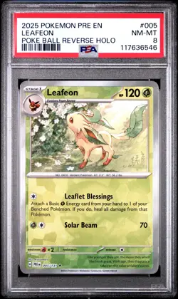 2025 POKEMON PRE EN-PRISMATIC EVOLUTIONS POKE BALL REVERSE HOLO LEAFEON PSA 8 - Image 1