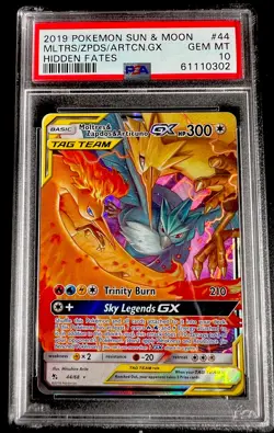 2019 POKEMON SUN & MOON HIDDEN FATES 44 MOLTRES & ZAPDOS & ARTICUNO GX PSA 10 - Image 1