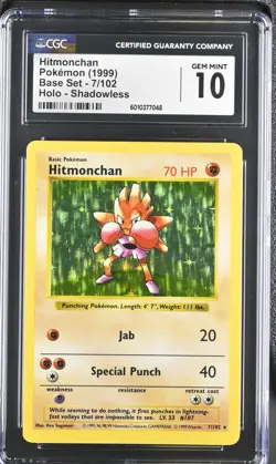 CGC 10 GEM MINT Hitmonchan 1999 Base Set 7/102 Holo Shadowless Pokemon Card - Image 1
