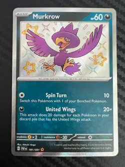 Pokemon TCG Murkrow Scarlet & Violet: Paldean Fates 181/091 Holo Shiny Rare NM - Image 1