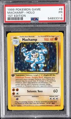 1999 POKEMON GAME 1ST ED #8 MACHAMP-HOLO PSA 1 - Image 1