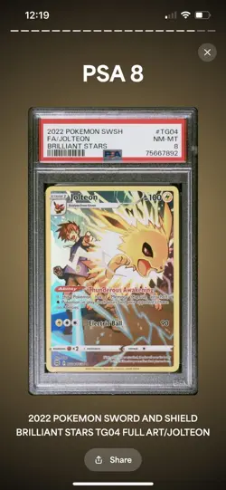 PSA 8 2022 Pokemon Sword and Shield Brilliant Stars TG04 Full Art/Jolteon - Image 1