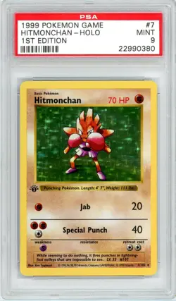 Pokemon Hitmonchan Base Set 1st Edition Holo Rare #7 PSA 9 Mint - Image 1