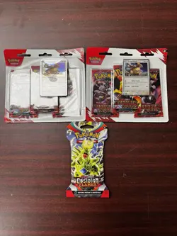 2 Pokemon TCG: Destined Rivals 3 Pack Blister And 1 OBSIDIAN FLAMES SLEEVE - Image 1