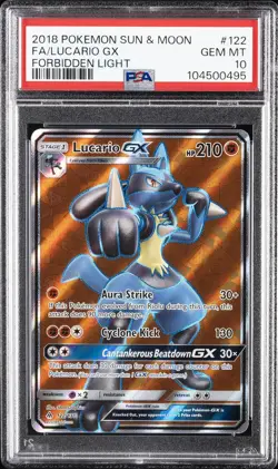 2018 POKEMON SUN & MOON FORBIDDEN LIGHT #122 FULL ART/LUCARIO GX PSA 10 - Image 1