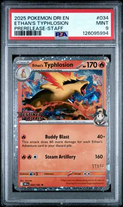 2025 POKEMON DRI EN-DESTINED RIVALS PRERELEASE-STAFF ETHAN'S TYPHLOSION PSA 9 - Image 1