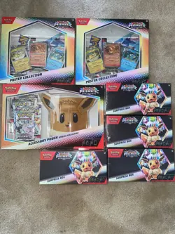 Lot of 7 Pokemon TCG Prismatic Evolutions Surprise box, Poster & Pouch Sealed - Image 1