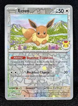 🔥Eevee 074/131 (Reverse Cosmos Holo) 2025 STAMPED PROMO True Pokemon Treasure!C - Image 1