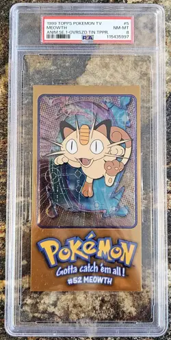 1999 Pokemon Topps TV Anim Se 1 MEOWTH 5 Oversized Tin Topper PSA 8 NM-MINT - Image 1