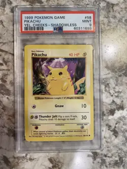 1999 Pokemon Base Set Shadowless Pikachu Yellow Cheeks Card 58/102 PSA 9 Mint - Image 1