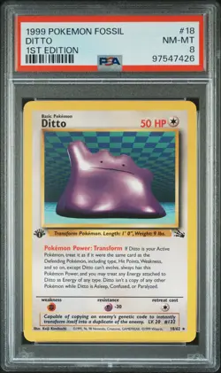 1999 POKEMON FOSSIL 1ST ED #18 DITTO PSA 8 - Image 1