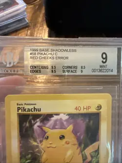 Pokemon Shadowless Red Cheeks Pikachu Error Card 1999 #58 BSG Beckett 9 - Image 2