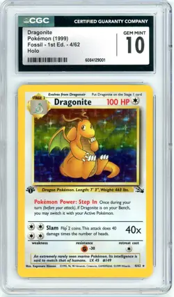 Pokemon Dragonite Fossil 1st Edition #4 CGC 10 Gem Mint - Image 1