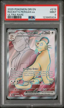2025 POKEMON DRI EN-DESTINED RIVALS ULTRA RARE TEAM ROCKET'S PERSIAN EX PSA 9 - Image 1