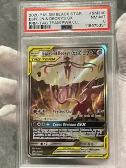 Pokemon TCG Espeon & Deoxys GX SM240 Black Star Promo Tag Team Full Art PSA 8 - Image 3