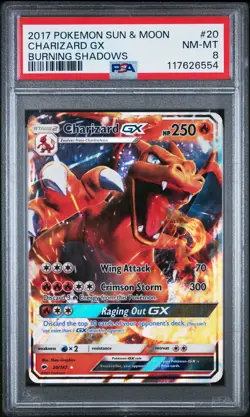 2017 POKEMON SUN & MOON BURNING SHADOWS #20 CHARIZARD GX PSA 8 - Image 1
