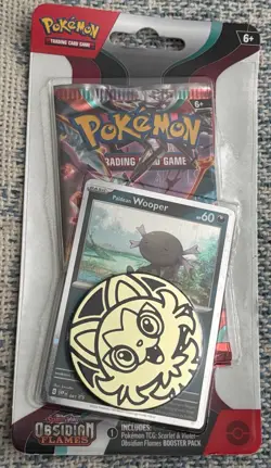 POKEMON TCG SCARLET & VIOLET OBSIDIAN FLAMES PACK, WOOPER PROMO CARD & COIN - Image 1