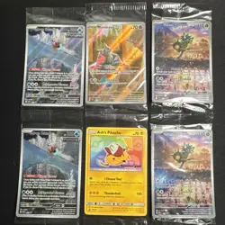 Pokemon Sealed Promo Card Lot Ash’s Pikachu 108 Mimikyu 075 Iron Bundle Ogerpon - Image 1