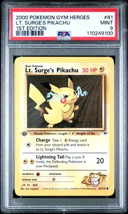 2000 Pokemon 1st Edition Gym Heroes Lt. Surge’s Pikachu | PSA 9 - Image 1