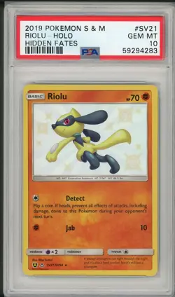 2019 Pokemon Sun & Moon Hidden Fates Riolu Holo #SV21 PSA 10 - Image 1