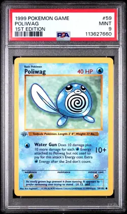 Pokemon Base Set 1st Edition Shadowless Grey Gray Stamp Poliwag 59/102 PSA 9 - Image 1