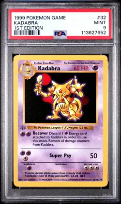 Pokemon Base Set 1st Edition Shadowless Grey Gray Stamp Kadabra 32/102 PSA 9 - Image 1