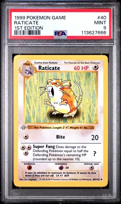 Pokemon Base Set 1st Edition Shadowless Grey Gray Stamp Raticate 40/102 PSA 9 - Image 1