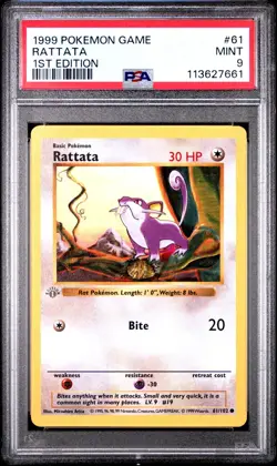 Pokemon Base Set 1st Edition Shadowless Grey Gray Stamp Rattata 61/102 PSA 9 - Image 1