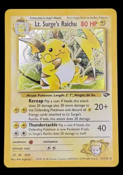 Pokemon TCG Lt. Surge's Raichu Holo Unlimited Rare Card Gym Challenge 11/132 - Image 1