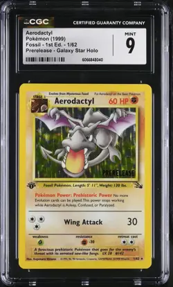 CGC 9 MINT Aerodactyl 1999 Fossil 1st Edition Holo 1/62 Prerelease Pokemon Card - Image 1