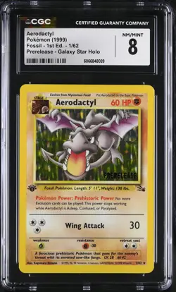 CGC 8 Aerodactyl 1999 Fossil 1st Edition Holo 1/62 Prerelease Pokemon Card - Image 1