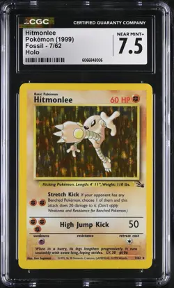 CGC 7.5 Hitmonlee 1999 Fossil 7/62 Holo Pokemon Card - Image 1