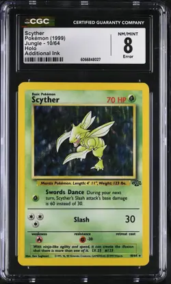 CGC 8 Scyther 1999 Jungle 10/64 Holo Pokemon Card Additional Ink ERROR - Image 1