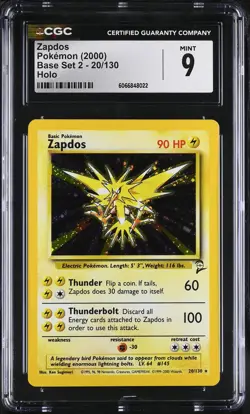 CGC 9 MINT Zapdos 2000 Base Set 2 20/130 Holo Pokemon Card - Image 1