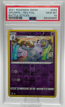 2021 POKEMON SWORD & SHIELD BATTLE STYLES #056 GRUMPIG REVERSE FOIL PSA 10 GEM - Image 1