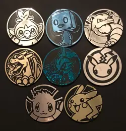 8 X Pokemon Large Coins Coin Tokens Shiny Pikachu Eevee Charizard Grookey Eiscue - Image 1