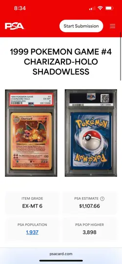 1999 Pokemon Game TCG CHARIZARD SHADOWLESS HOLO PSA 6 EX-MT 4/102 ENGLISH - Image 3