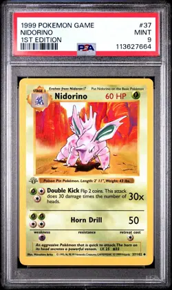 Pokemon Base Set 1st Edition Shadowless Grey Gray Stamp Nidorino 37/102 PSA 9 - Image 1
