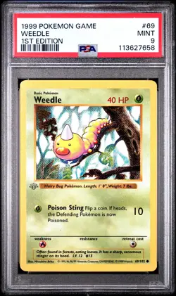 Pokemon Base Set 1st Edition Shadowless Grey Gray Stamp Weedle 69/102 PSA 9 - Image 1