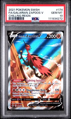 PSA 10 2021 POKEMON SWORD & SHIELD CHILLING REIGN #174 FA/GALARIAN ZAPDOS V - Image 1