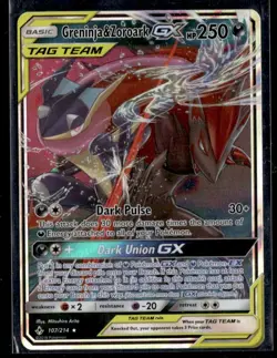 2019 Pokemon Sun & Moon Unbroken Bonds Greninja & Zoroark #107/214 Tag Team GX - Image 1