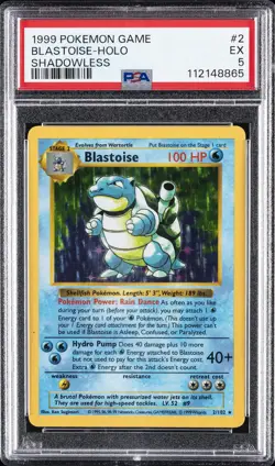 1999 POKEMON GAME SHADOWLESS #2 BLASTOISE-HOLO PSA 5 - Image 1