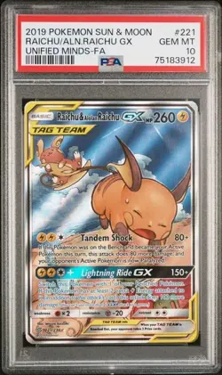 2019 POKEMON SUN & MOON UNIFIED MINDS FULL ART/RAICHU & ALOLAN RAICHU GX PSA 10 - Image 1