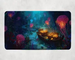 Sunken Shipwreck Treasure MTG Playmat - Glowing Jellyfish Ocean Scene - Image 1