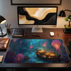 Sunken Shipwreck Treasure MTG Playmat - Glowing Jellyfish Ocean Scene - Image 2